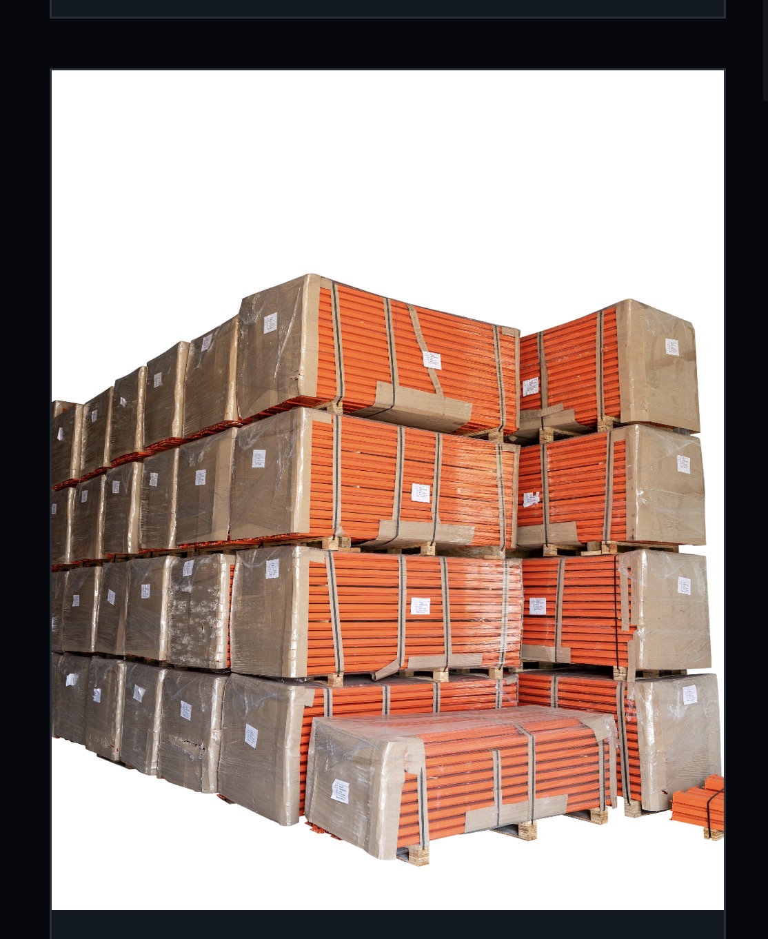 Stacked NAWL orange pallet rack beams on pallets